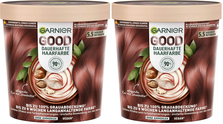 Garnier GOOD Dauerhafte Haarfarbe 5.5 Hibiskus Rotbraun – Coloration ohne Ammoniak, bis zu 100% Grau