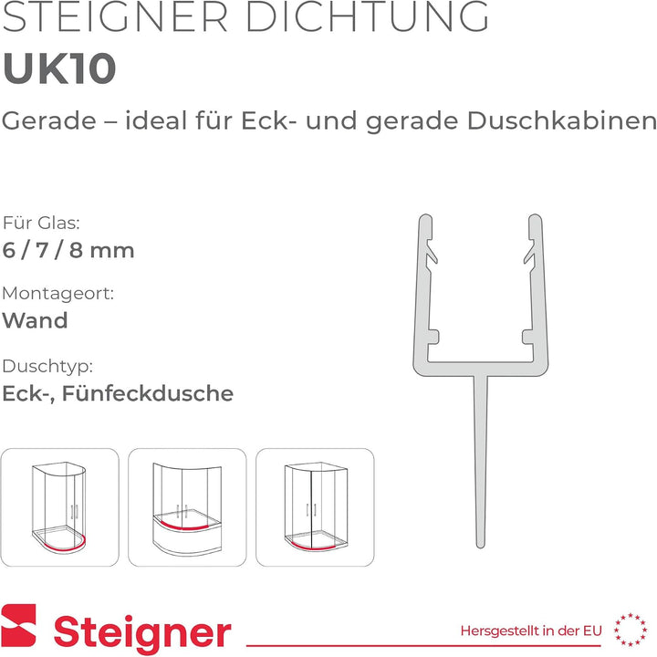STEIGNER Duschdichtung, 120cm, Glasstärke 6/7/ 8 mm, Gerade PVC Ersatzdichtung für Dusche, UK10 Gera