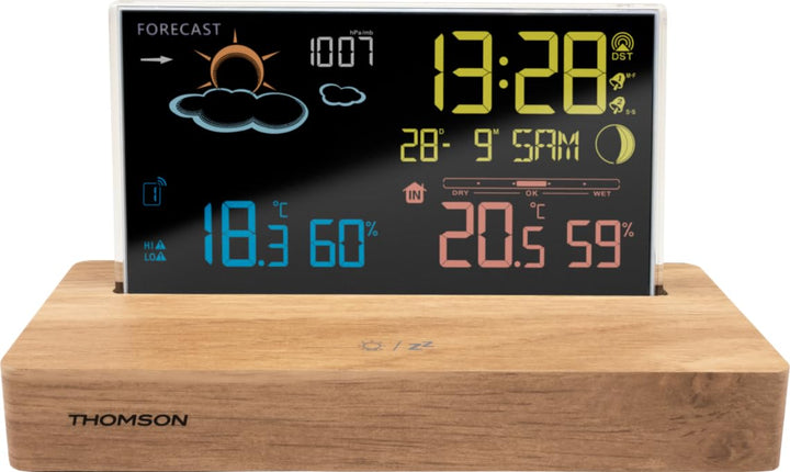 Thomson Wecker Wetterstation schwarz Holzsockel