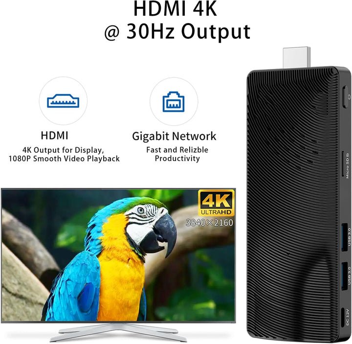 Fanless Mini PC Stick, Intel Celeron J3455 Quad-Core 1.5-2.3GHz, 4GB RAM 64GB eMMC, Dual Gigabit Eth
