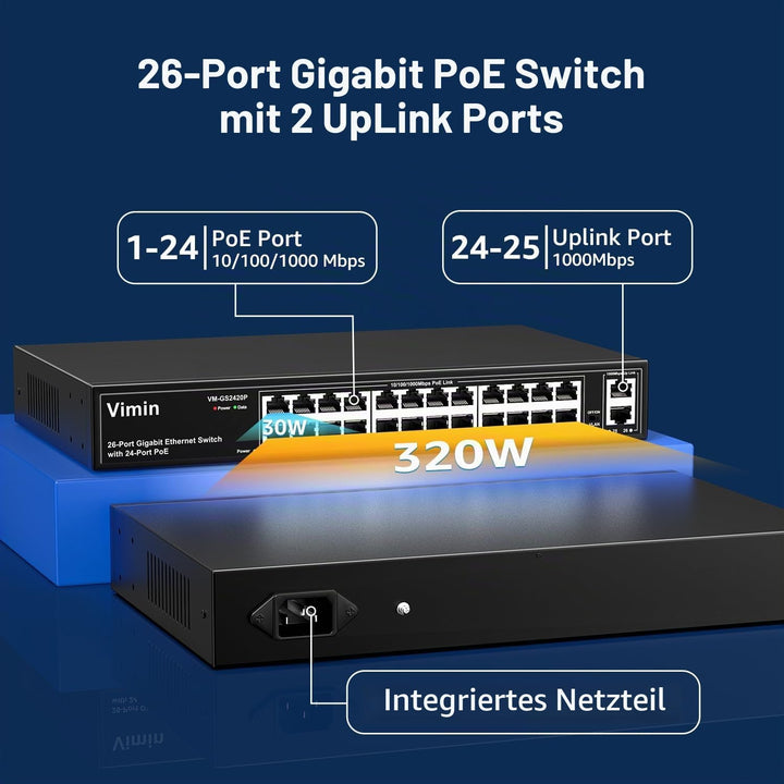 VIMIN 24-Port Gigabit PoE Switch mit 2 Uplink Gigabit Ports, 26-Port Unmanaged Ethernet PoE Switch m