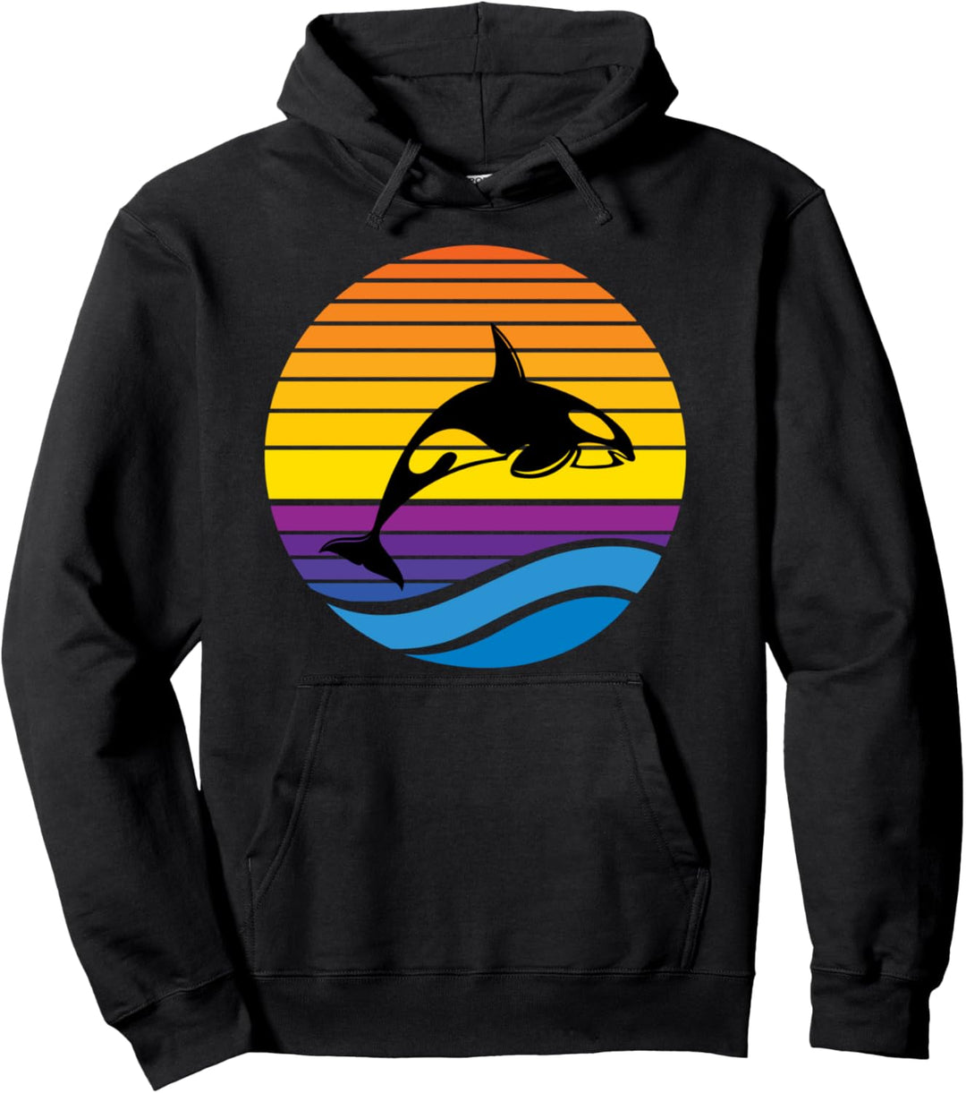 Vintage Orca Sonnenuntergang Retro Sonne Bunte Silhouette Meereswelle Pullover Hoodie