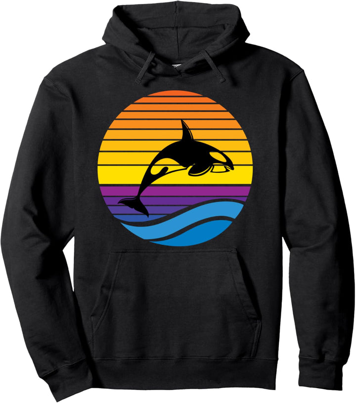 Vintage Orca Sonnenuntergang Retro Sonne Bunte Silhouette Meereswelle Pullover Hoodie