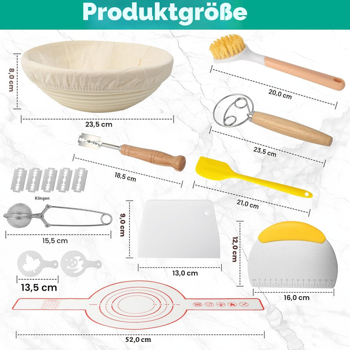 10-teilig Gärkorb Brot Set, 23cm Gärkörbchen zum Brotbacken, Sauerteig Starter Set, Einschliesslich