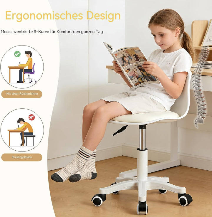 Kleiner Schreibtischstuhl ohne Armlehnen, höhenverstellbarer Home-Office-Stuhl für Jugendliche White