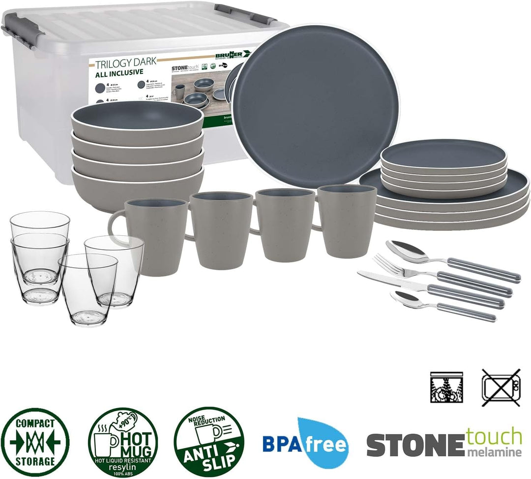BRUNNER Camping-Geschirr-Set Melamin 2-4 Personen (12, 16 oder 36-teilig) Trilogy Dark - Stapelbar,