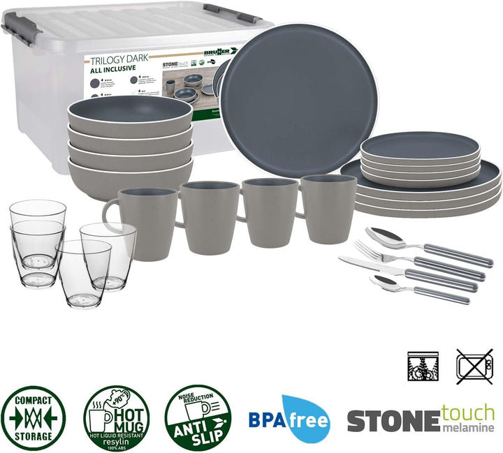 BRUNNER Camping-Geschirr-Set Melamin 2-4 Personen (12, 16 oder 36-teilig) Trilogy Dark - Stapelbar,