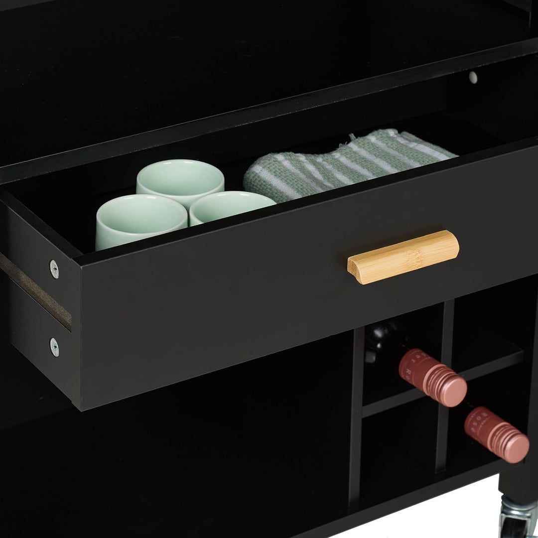 Relaxdays Küchenwagen, Weinregal 6 Flaschen, Schublade, 2 Fächer, 80x65x35 cm, Bambus Arbeitsplatte,