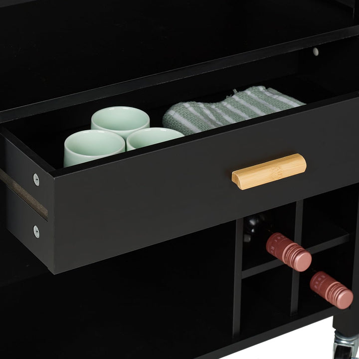 Relaxdays Küchenwagen, Weinregal 6 Flaschen, Schublade, 2 Fächer, 80x65x35 cm, Bambus Arbeitsplatte,