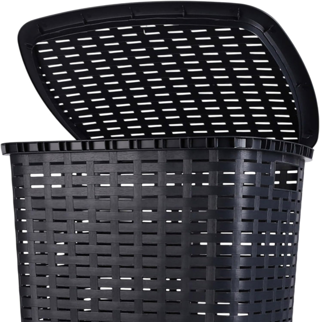 Kunststoff Wäschekorb anthrazit mit Deckel in Rattan Optik - 65 Liter - Wäschesammler in Flechtoptik