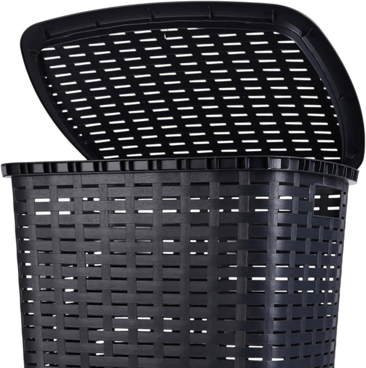Kunststoff Wäschekorb anthrazit mit Deckel in Rattan Optik - 65 Liter - Wäschesammler in Flechtoptik