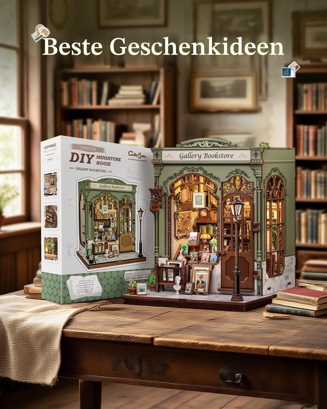 CUTEBEE Book Nook Kit - DIY Holz-Miniaturhaus (Buchladen-Szene) mit LED-Beleuchtung, 3D Puzzle für B