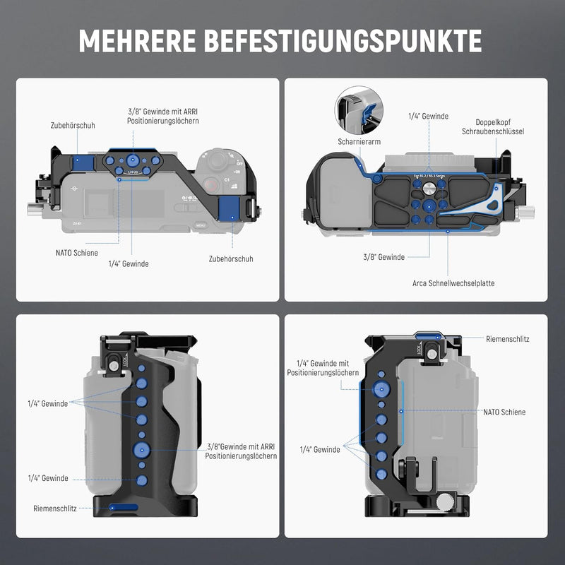 NEEWER ZV-E1 Kamera Käfig Set mit Arri Top Handle, HDMI Kabelklemmen, NATO Schiene, Arca Typ Basis,