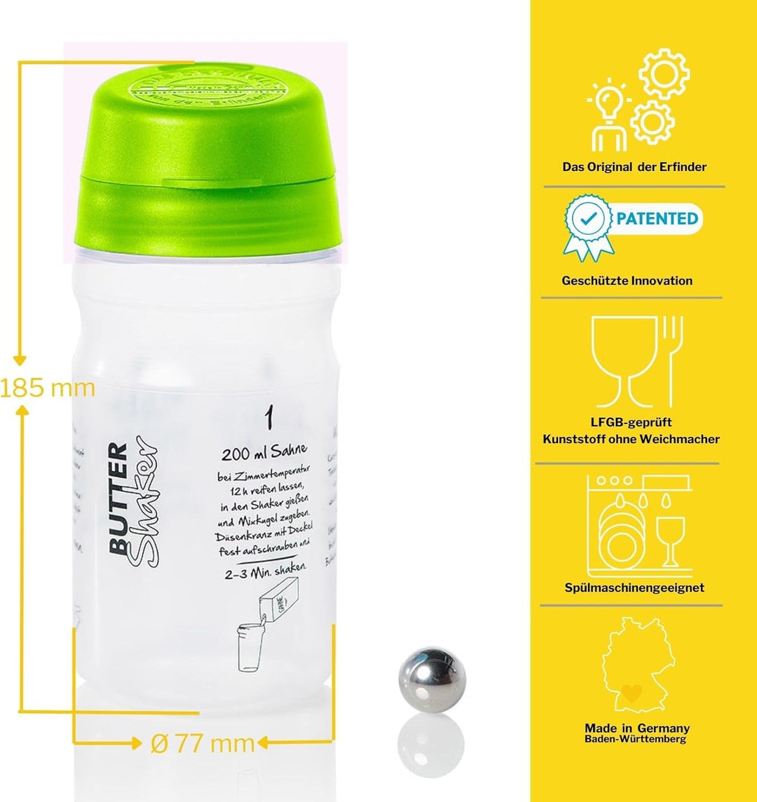 EINSTEIGER-SET für EINFACHES BUTTER MACHEN mit dem patentiertem Butter-Shaker (325ml) in GRUEN + kre