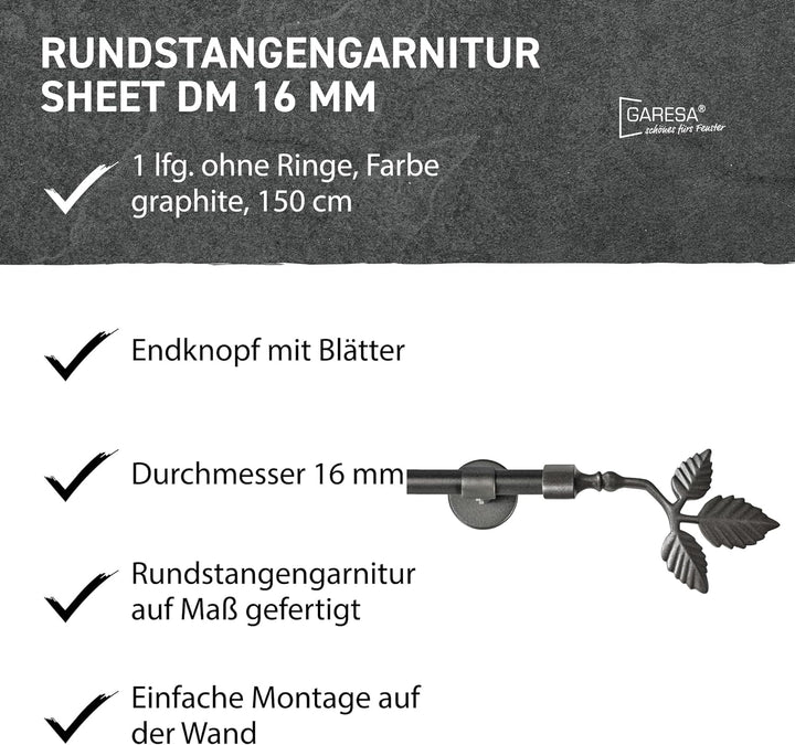 Garesa Gardinenstange Sheet Ø 16mm, 1-läufig, Graphite I Stabile Vorhangstange ohne Ringe I Mit Endk