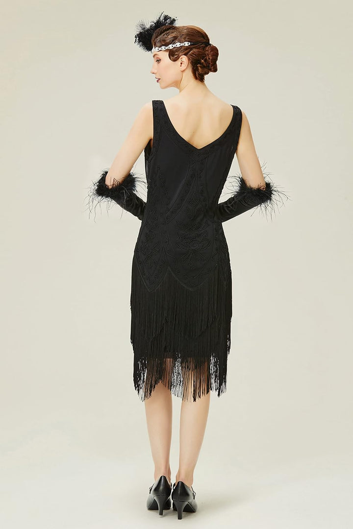 BABEYOND 1920s Kleid Damen Flapper Kleid ohne Ärmel V Ausschnitt Knielang Charleston Kleid Gatsby Mo