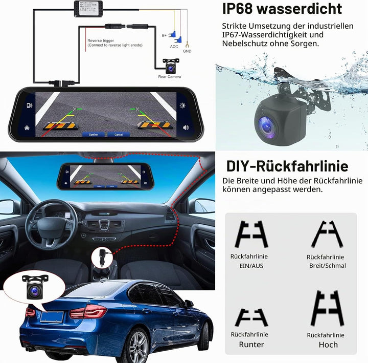 Hodozzy Spiegel Dashcam Carplay Wireless Android Auto Bluetooth 9,66 Zoll IPS Touchscreen Frontkamer