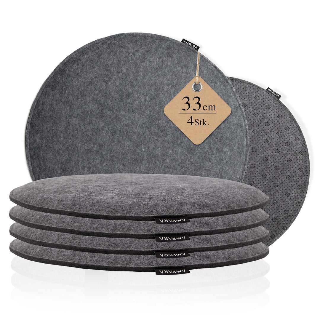 4er Set Stuhlkissen rund 33 cm - rutschfest &amp; Gemütlich - Sitzkissen Filz rund, Grau| für Stuhl, Ban