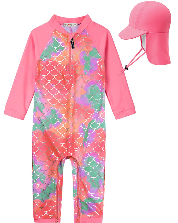 weVSwe Baby Mädchen Langarm Badeanzug UV-Schutz UPF 50+ Einteiler mit Kleinkind Sonnenhut Flap Cap 0