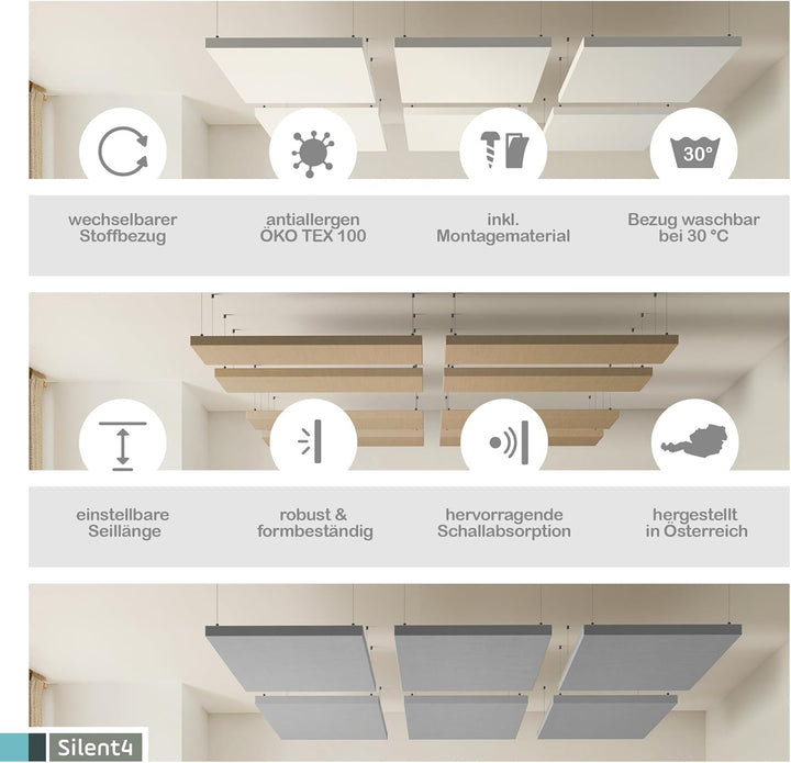 SILENT4® Schallabsorber Decke 114x33x5cm Akustikbild Akustikpaneele aus Akustikvlies, Seilmontage, m