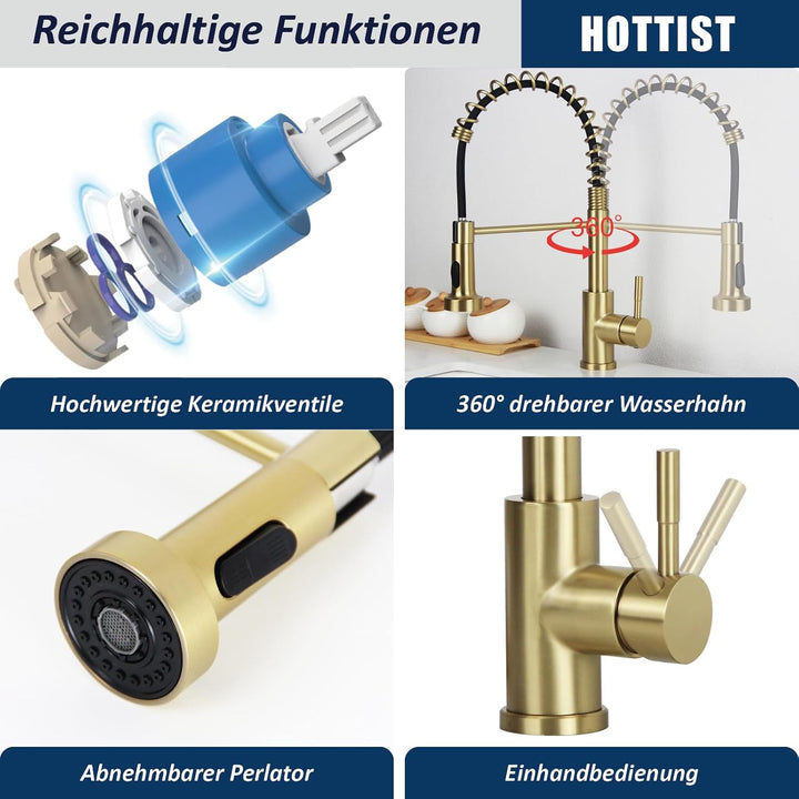 Wasserhahn Küche 2 Modi, Küchenarmatur mit Brause Ausziehbar Edelstahl 304 Spiralfederarmatur Mischb