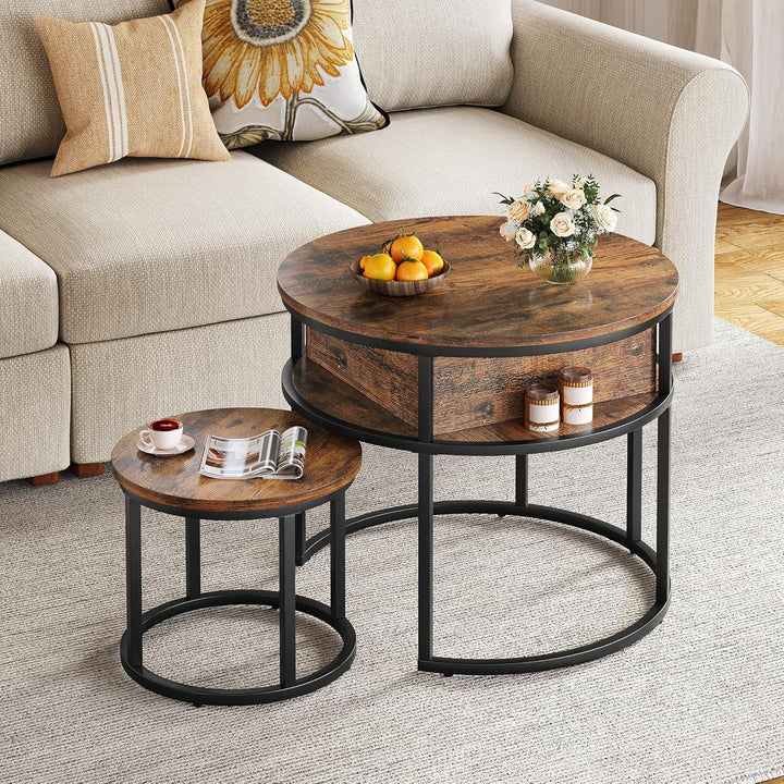 YITAHOME Couchtisch Rund, 2er Set, Wohnzimmertisch Vintage mit Stauraum und Hebeplatte, Couchtisch H