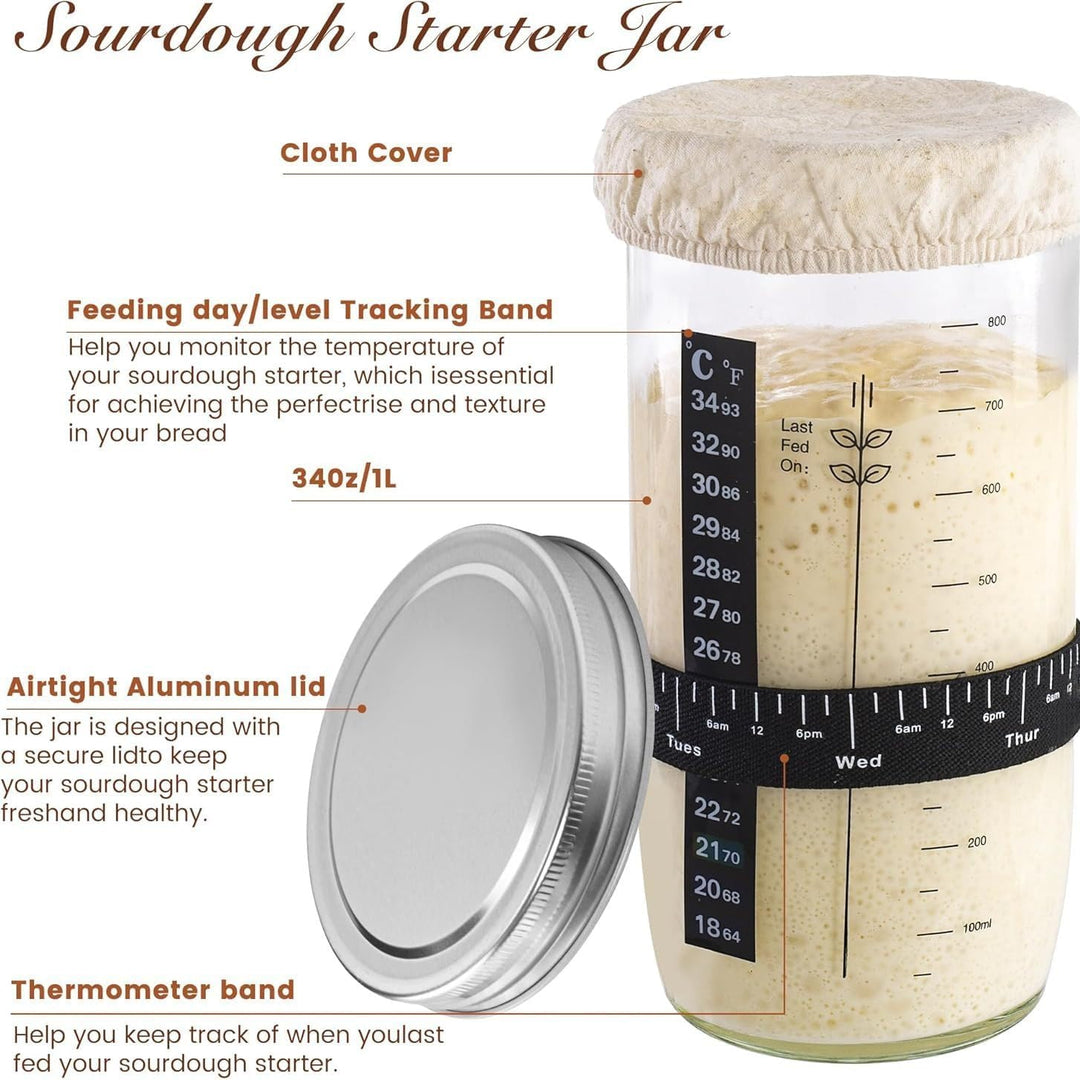 Sauerteig Starter Set, 13PCS Brotbackset Ausrüstung mit 2 Handgeflochtenen Gärkörben, 1000 ml Glas,
