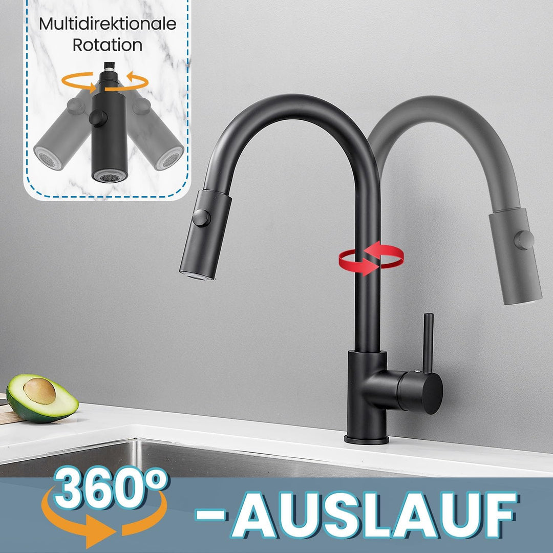 Niederdruck Armatur Küche Ausziehbar Schwarz,360° Drehbare Küchenarmatur,Wasserhahn mit 3 Anschluess