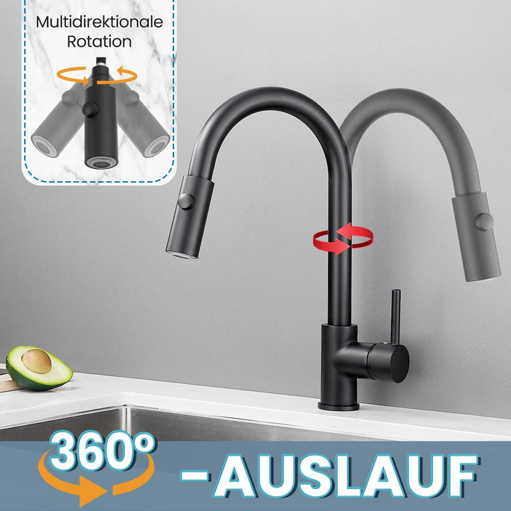 Niederdruck Armatur Küche Ausziehbar Schwarz,360° Drehbare Küchenarmatur,Wasserhahn mit 3 Anschluess