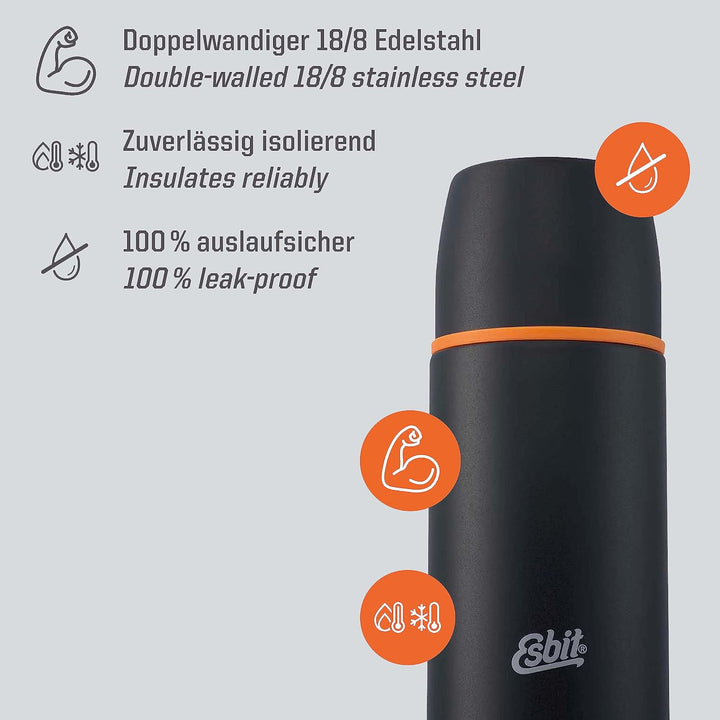 Esbit Edelstahl Isolierflasche Classic 750 ml in Schwarz - für warme und kalte Getränke - Edelstahl