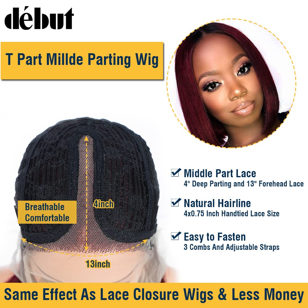 DÉBUT Glatte Bob Perücke, Echthaar, T-Teil, Spitzenfront, Bob-Perücke, vorgezupft, mit Babyhaar, 150