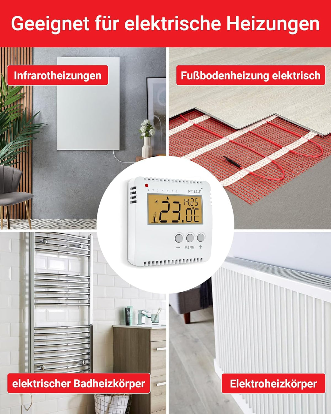 ELEKTROBOCK PT14-P Digitaler Raumthermostat 230V - Programmierbarer Wandthermostat mit grossem beleu