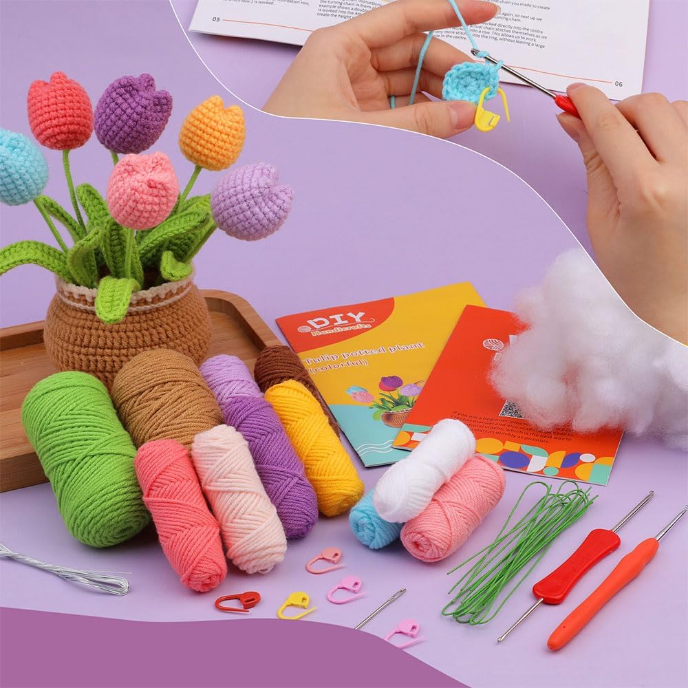 Mecmbj Häkelanfänger-Set, gehäkelte Tulpe, Blumenvasen-Ornament für Damen, Häkelnadel für Anfänger f