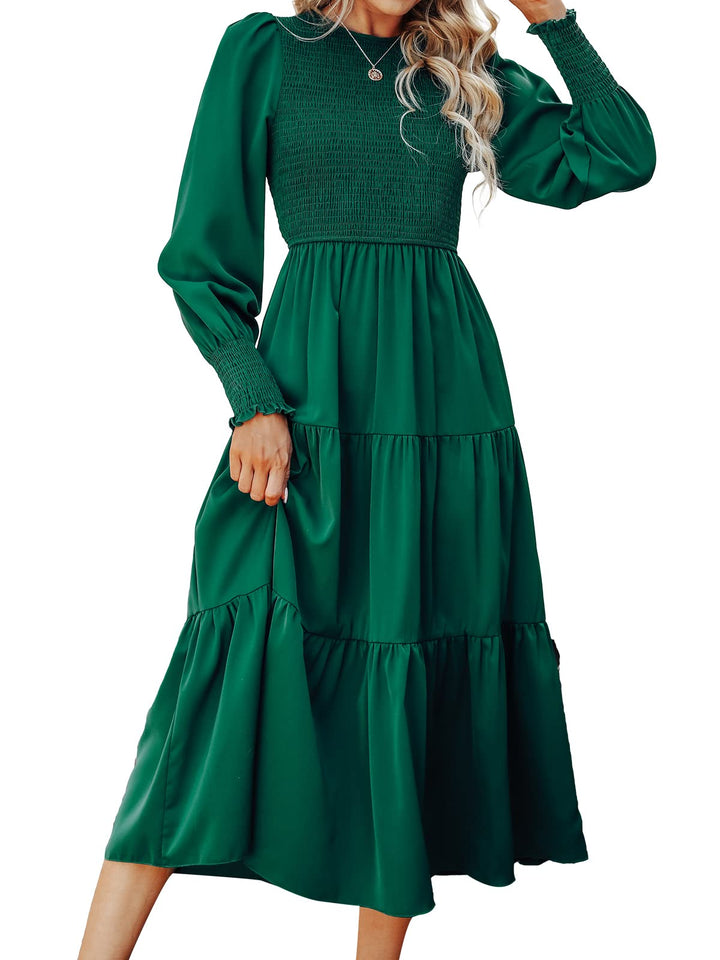 CUPSHE Damen Kleid Rundhals Langarm Gestuftes Rüschensaum Hohe Taille Gesmoktes Maxikleid A Linien F