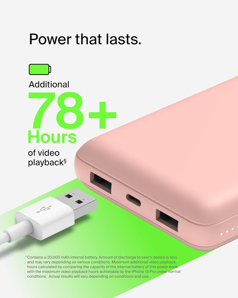 Belkin tragbares USB-C-Ladegerät, 20.000 mAh, 20K Powerbank mit USB-C-Ein-/Ausgang und 2 USB-A-Ansch