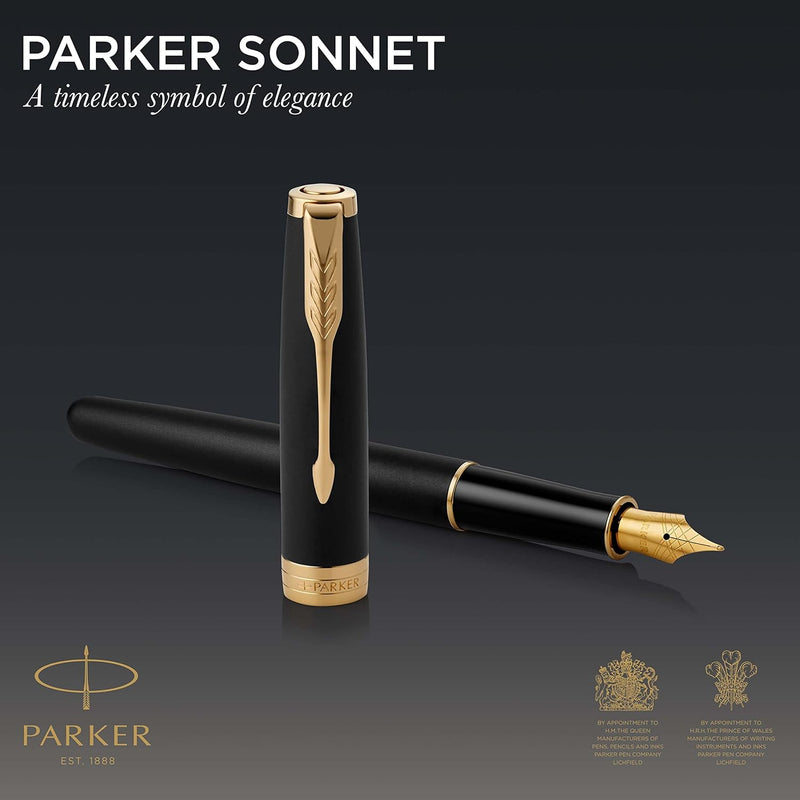 Parker Sonnet Füller | Matt-Schwarze Lackierung mit Goldzierteilen | Füllfederhalter mit mittlerer F