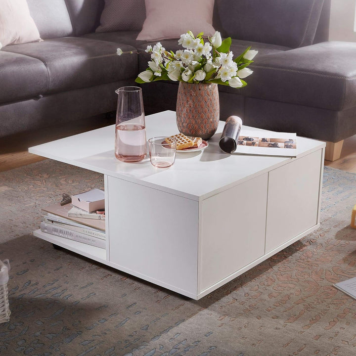 Couchtisch RAPIDO: 70x70x36,5 cm, 2 Schubladen, Rollen, Melaminharzbeschichtung, Weiss/Anthrazit Far