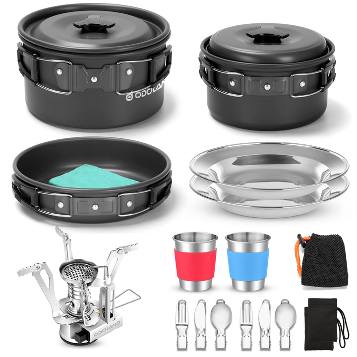 Odoland Kochgeschirr-Set mit Töpfen und Bratpfanne, zusammenklappbarer Besteckbecher, für 1-2 Person