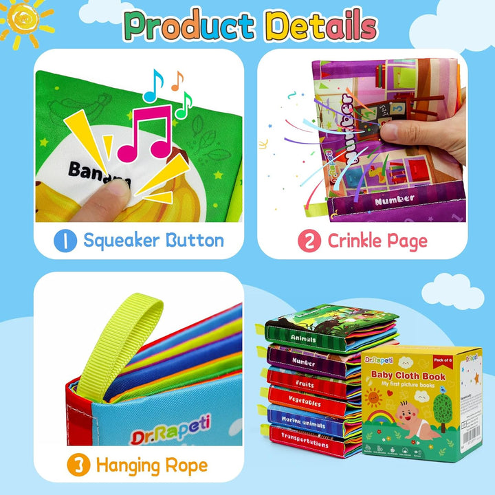 Dr.Rapeti 6 Stück Stoffbuch für Babys, Baby Soft Tuchbuch, Baby Pädagogisches Spielzeug, Early Learn