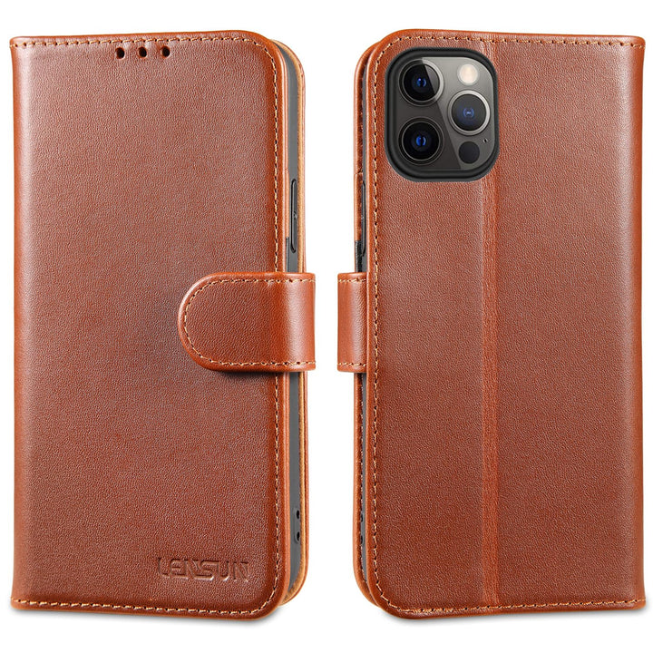 LENSUN Echtleder Hülle für iPhone 12, iPhone 12 Pro Handyhülle Echtes Leder Etui [Kartenfach][RFID B