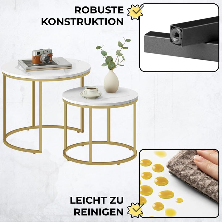 FORTENA 2er Set Couchtische, Schwarze oder goldene Metallbeine, Industrial-Stil, Raund (Marmor – gol