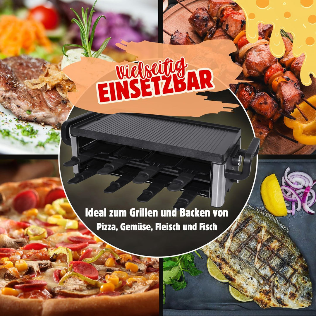 Syntrox Raclette Grill 16 Personen mit Pizzagrill, 16 Pfännchen Emailliert, Edelstahl Tischgrill für