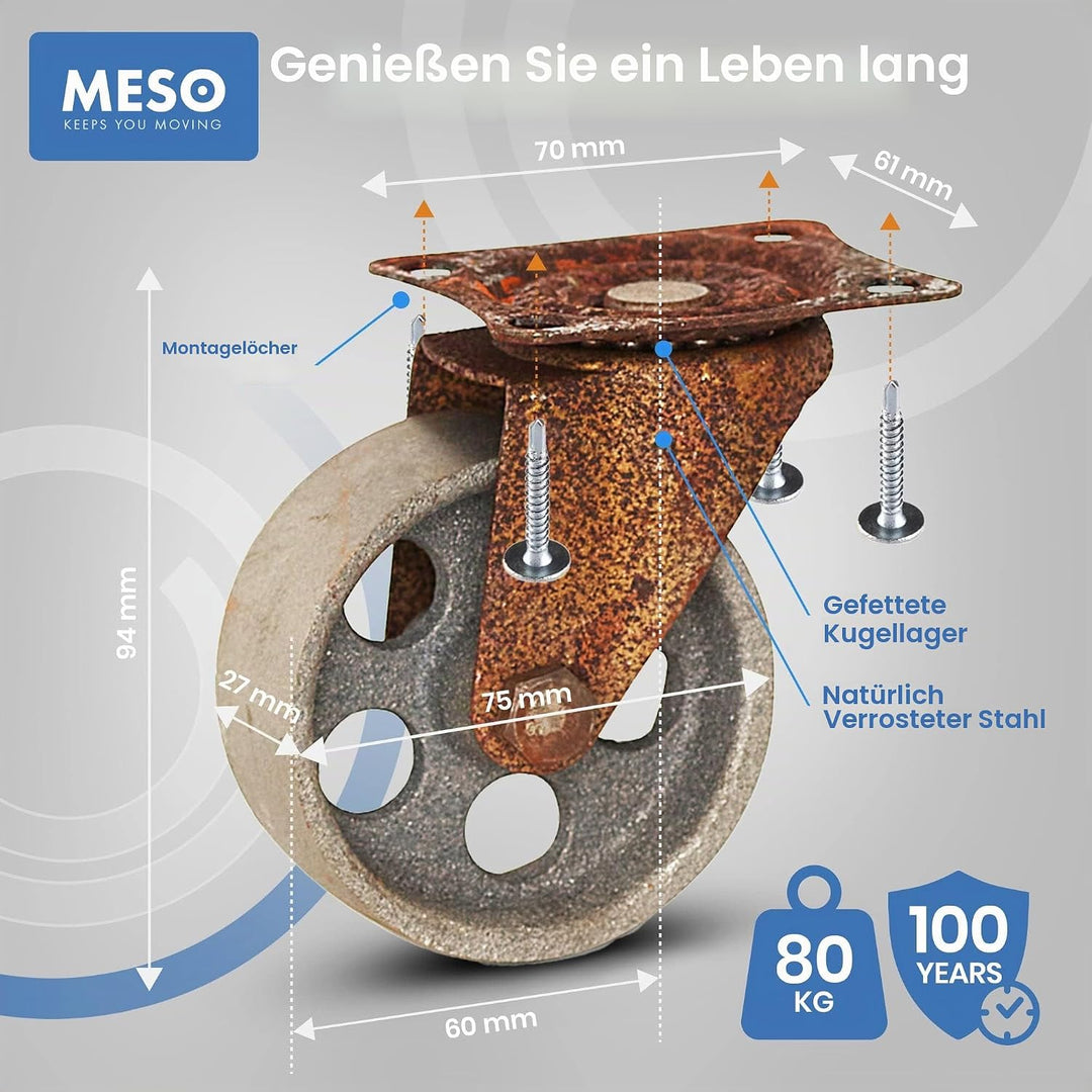Vintage Rollen für Möbel – Räder für Möbel - Lenkrollen 75mm – 4er-Set - Alles Stahl Möbelrollen – R