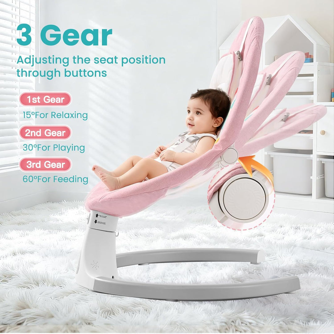 Babywippe Elektrisch,Babyschaukel Indoor Bluetooth, 5 Schwinggeschwindigkeit, 3 Winkellage, Fernsteu