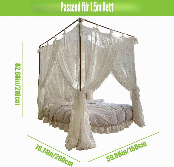 Himmelbett-Vorhänge, dreifach zu öffnender Spitzen-Prinzessinnen-Betthimmel, 4 Eckpfosten-Hängevorhä