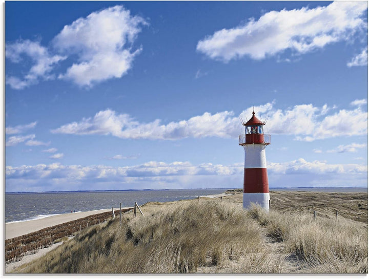 ARTland Glasbilder Wandbild Glas Bild einteilig 80x60 cm Querformat Strand Meer Nordsee Leuchtturm S