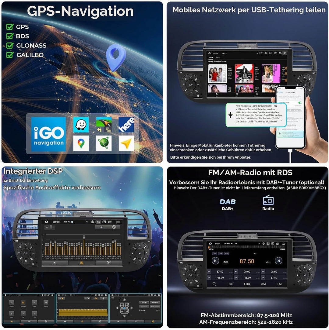 [Black 4+64GB] Autoradio für FIAT 500 2007-2015 mit 7 Zoll Touchscreen, Android 14 Radio Unterstützu