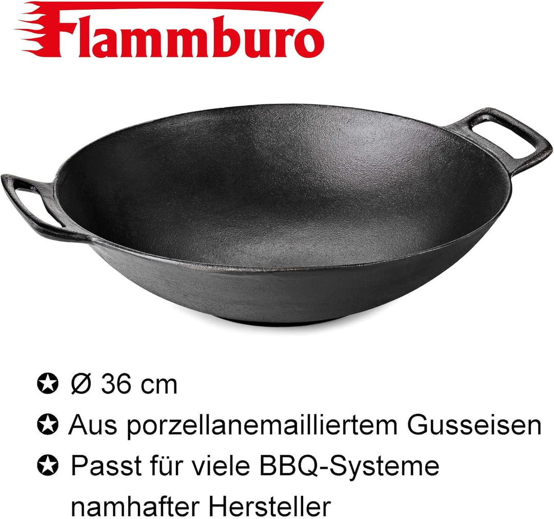 FLAMMBURO BBQ-SYSTEM Wok Ø 36 cm – Gusseisen mit porzellanemaillierter Beschichtung – Für Gemüse und