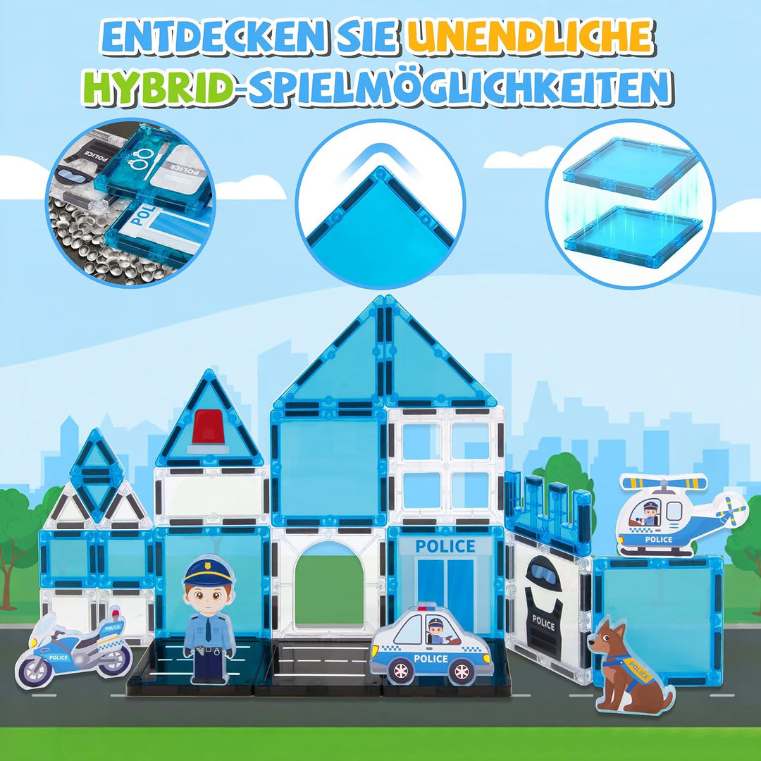 cossy Magnetische Bausteine, 42 Teile Magnetbausteine für Kinder Polizei-Thema, Magnetspiel für Kind