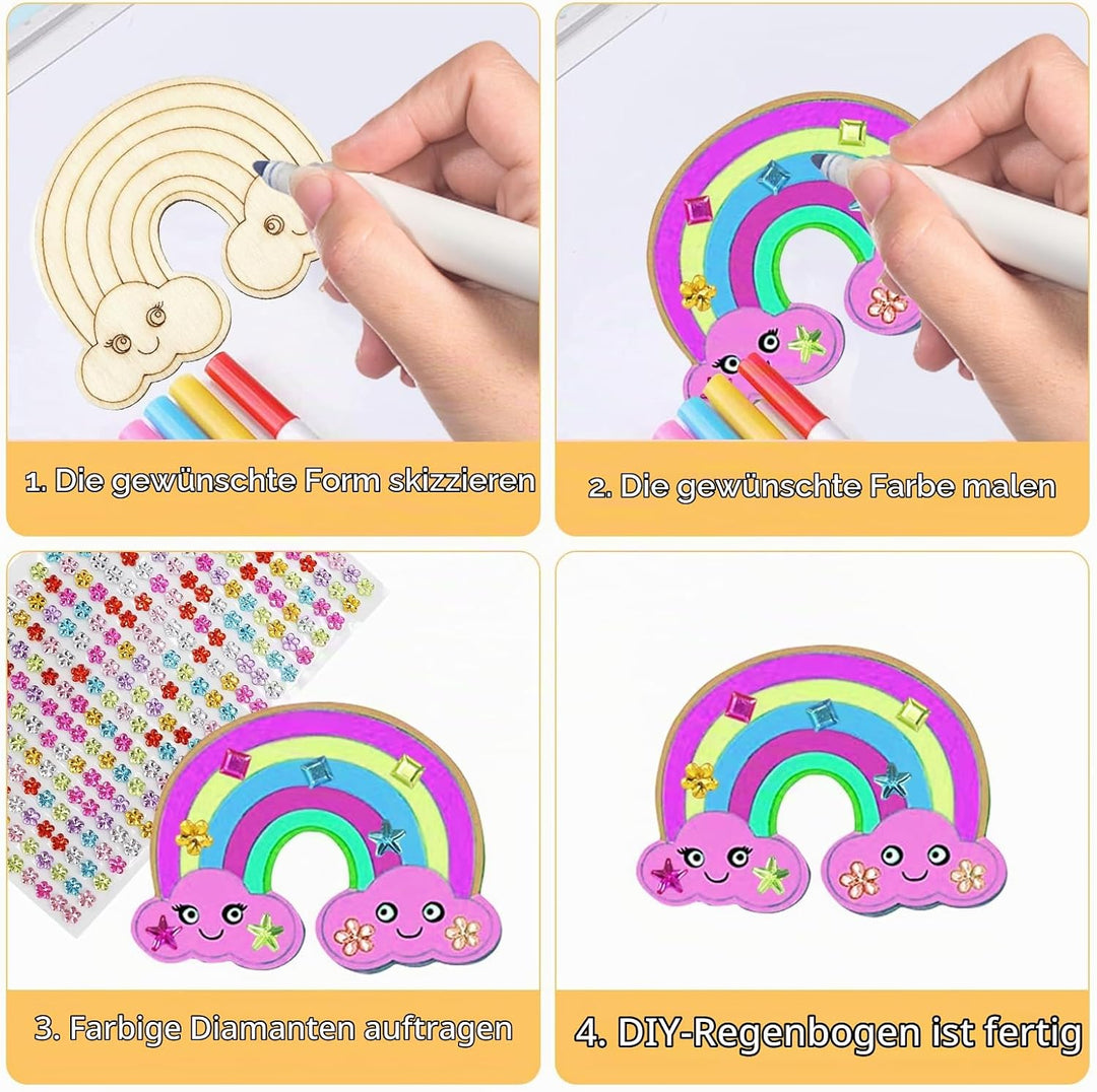 Einhorn Holz Bastelset 40 Stück Einhorn Holz Kindergeburtstag mit 12 Aquarellstiften + 3 Glitzeraufk